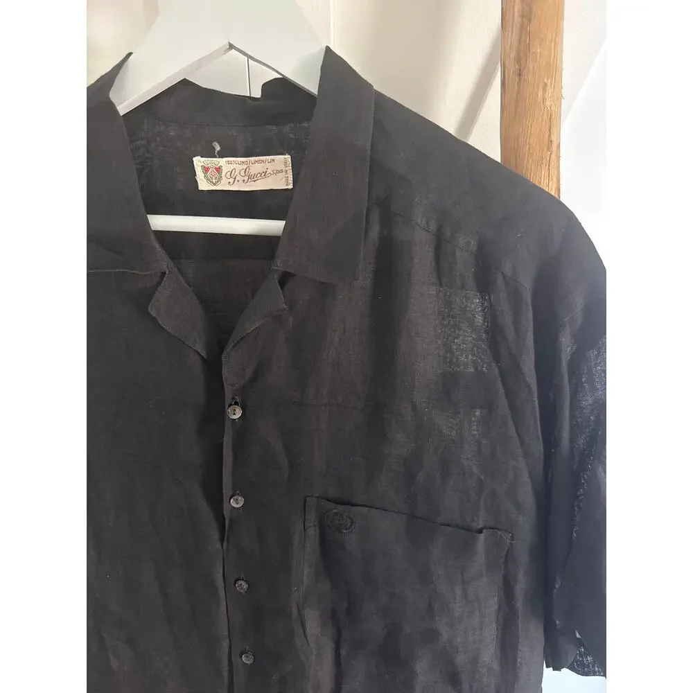 Vintage G. Gucci Spa 100% Linen Black Short Sleeve Button-Down Shirt Large/XL